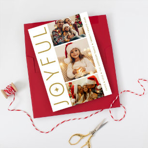 Joyful Three Photo White and Antique Gold Holiday Card