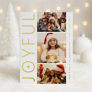 Joyful Three Photo White with Gold Foil Holiday Card