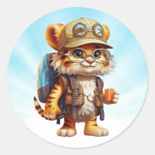 Joyful Tiger Cub with Backpack and coffee Classic Round Sticker