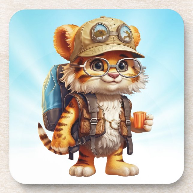 Joyful Tiger Cub with Backpack and coffee Coaster (Front)