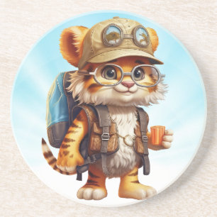 Joyful Tiger Cub with Backpack and coffee Coaster
