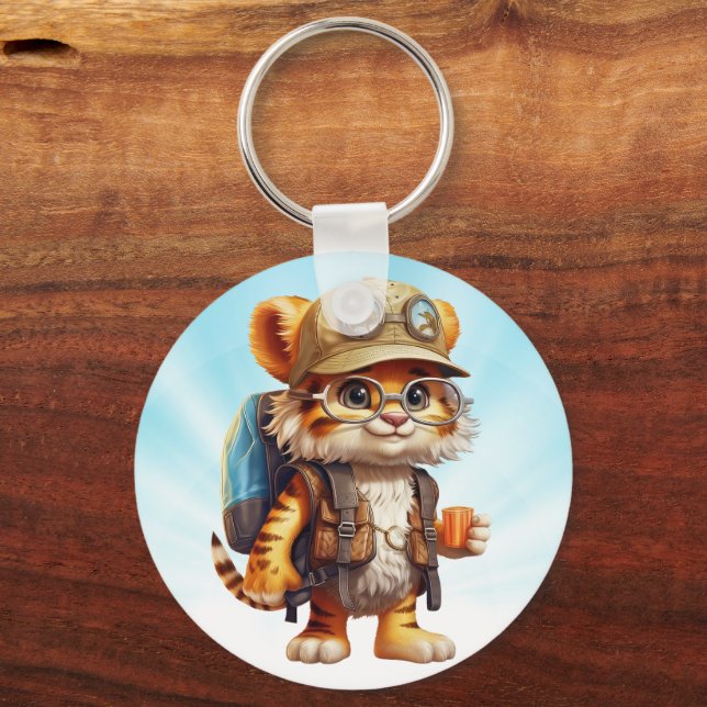 Joyful Tiger Cub with Backpack and coffee Key Ring (Front)