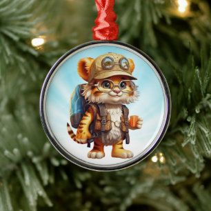 Joyful Tiger Cub with Backpack and coffee Metal Tree Decoration