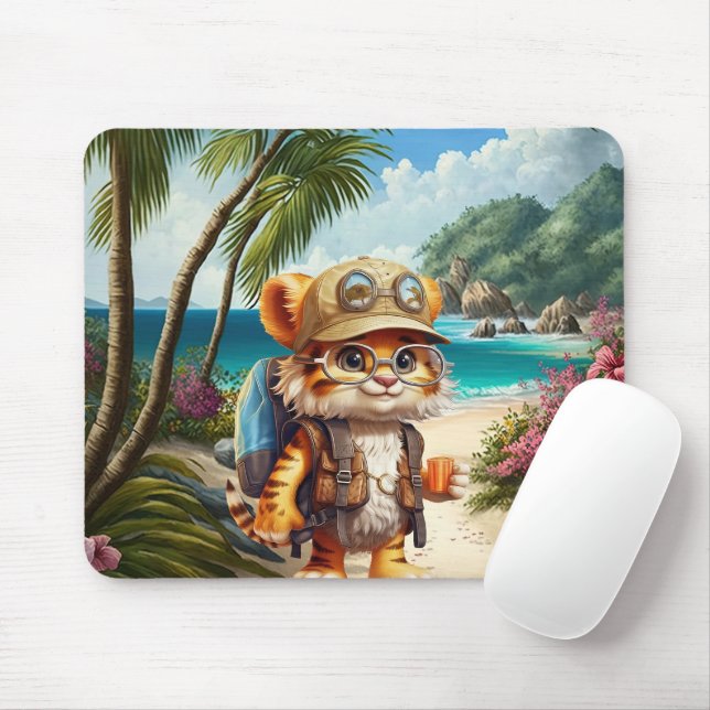 Joyful Tiger Cub with Backpack and coffee Mouse Mat (With Mouse)
