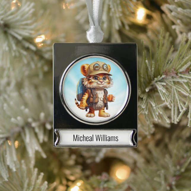 Joyful Tiger Cub with Backpack and coffee Silver Plated Banner Ornament (Tree)