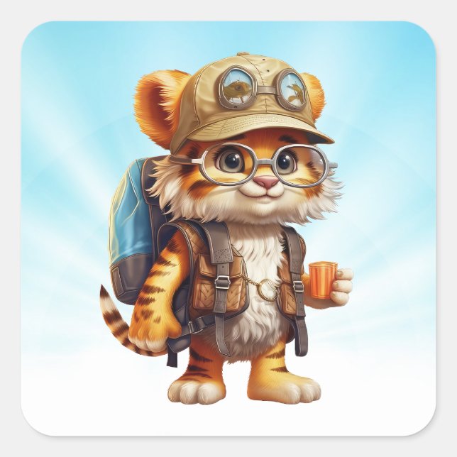 Joyful Tiger Cub with Backpack and coffee Square Sticker (Front)