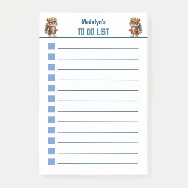 Joyful Tiger Cub with Backpack and drinking Post-it Notes (Front)