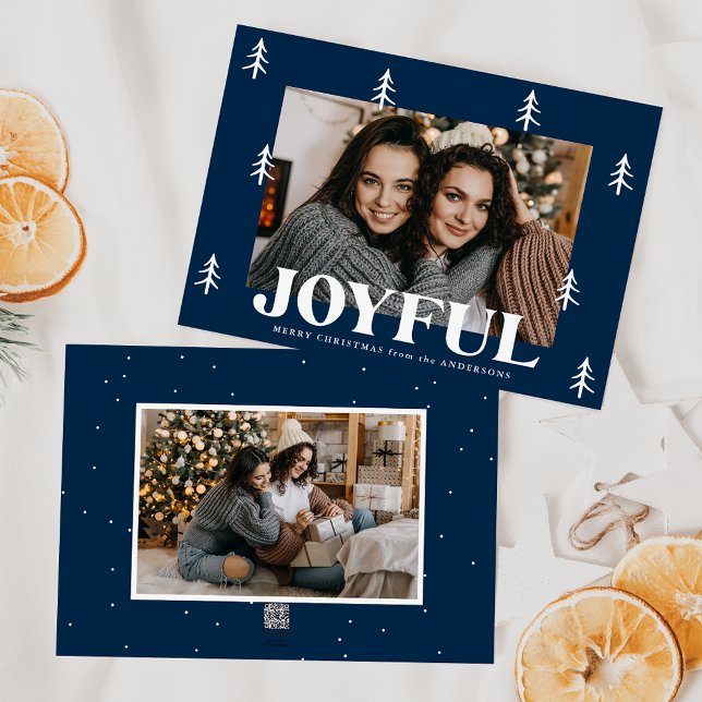 Joyful Trees Navy 2 Photo Holiday Card (Creator Uploaded)
