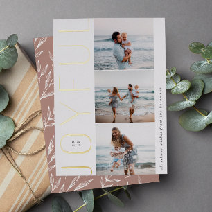 Joyful Trio Modern 3 Photo Collage Foil Holiday Card