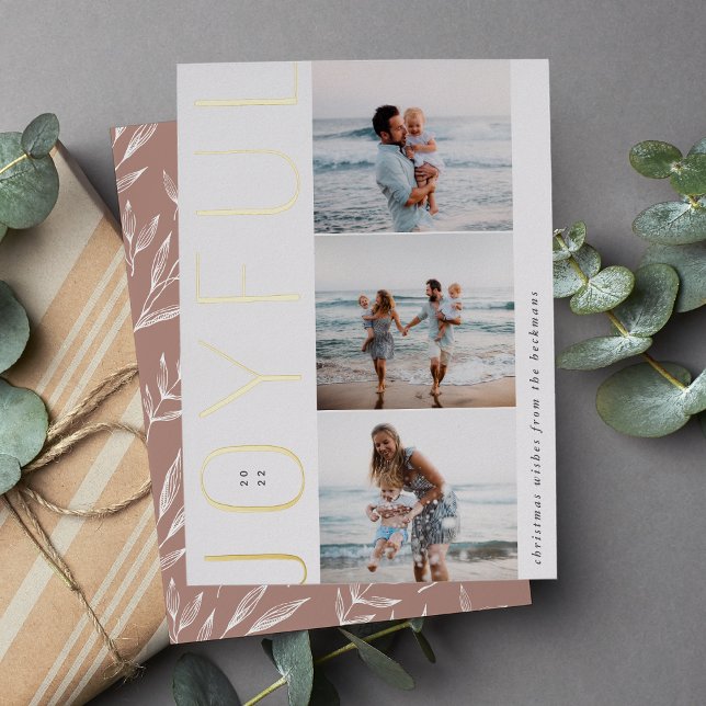 Joyful Trio | Modern 3 Photo Collage Foil Holiday Card (Creator Uploaded)