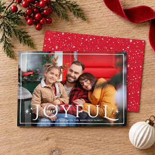 Joyful Twinkle Lights and Stars Red Photo Holiday Card