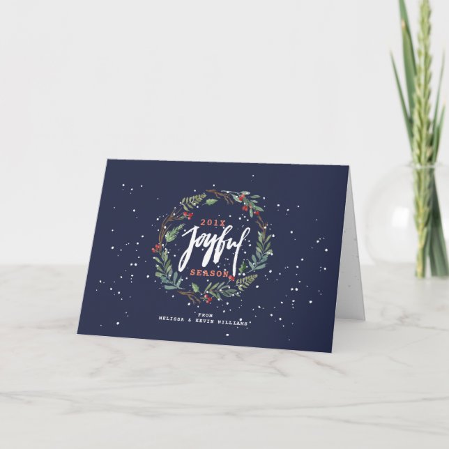 Joyful Typography & Rustic Christmas Wreath Holiday Card (Front)