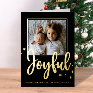 Joyful Typography Script Modern Photo Christmas Foil Holiday Card