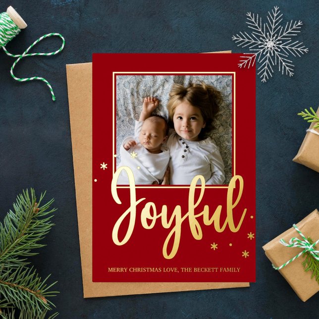 Joyful Typography Script Modern Photo Christmas Foil Holiday Card (Creator Uploaded)