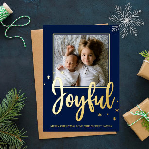 Joyful Typography Script Modern Photo Christmas Foil Holiday Card