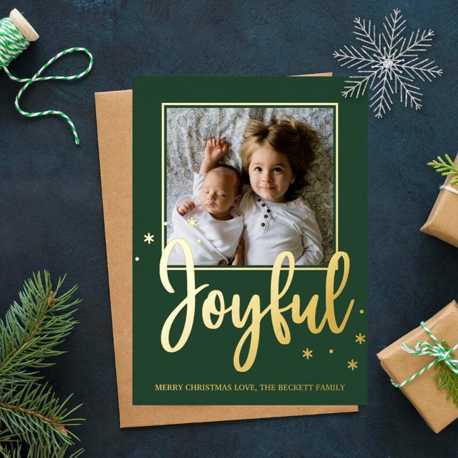 Joyful Typography Script Modern Photo Christmas Foil Holiday Card (Creator Uploaded)