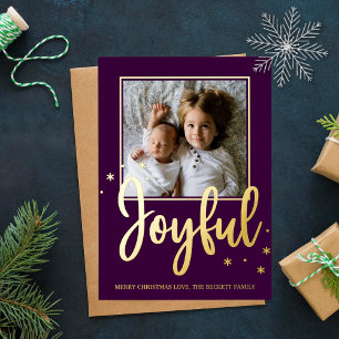 Joyful Typography Script Modern Photo Christmas Foil Holiday Postcard