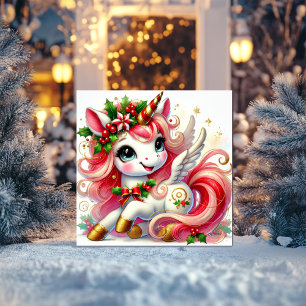Joyful Unicorn with Holly and Golden Hooves Holiday Card