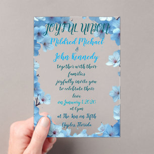 joyful union wedding invitation with blue flowers