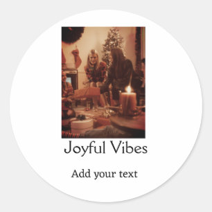 Joyful Vibes add family Christmas photo name simpl Classic Round Sticker