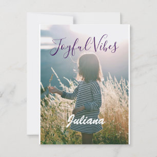 Joyful vibes kids photo purple holidays name gifts postcard