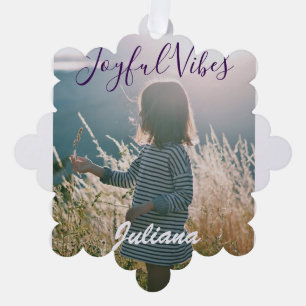 Joyful vibes kids photo purple holidays name gifts tree decoration card
