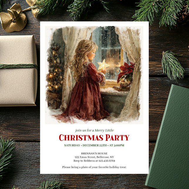 Joyful Victorian Little Girl Awaiting Santa Print  Invitation (Joyful Victorian Little Girl Awaiting Santa Printable Invite)