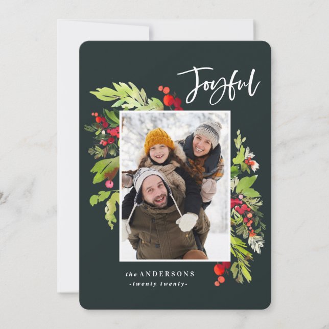 Joyful watercolor floral and foliage christmas holiday card (Front)