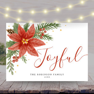 Joyful Watercolor Poinsettia Floral Christmas Holiday Card