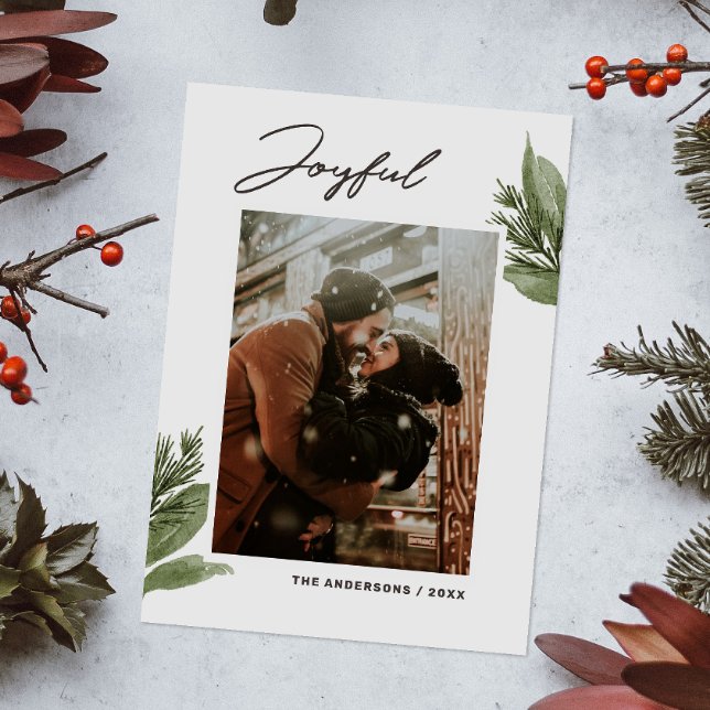 Joyful. Watercolor winter floral Christmas photo Holiday Card (Creator Uploaded)