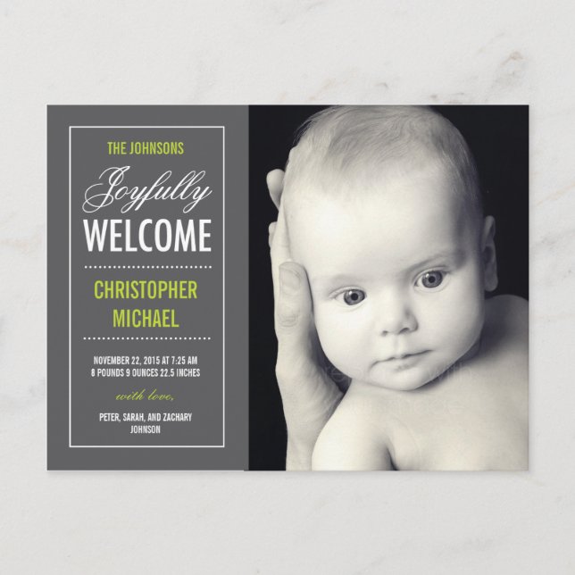 Joyful Welcome Birth Announcement Postcard (Front)