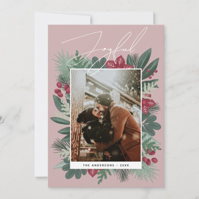 Joyful. Winter Christmas botanical greenery photo Holiday Card (Front)