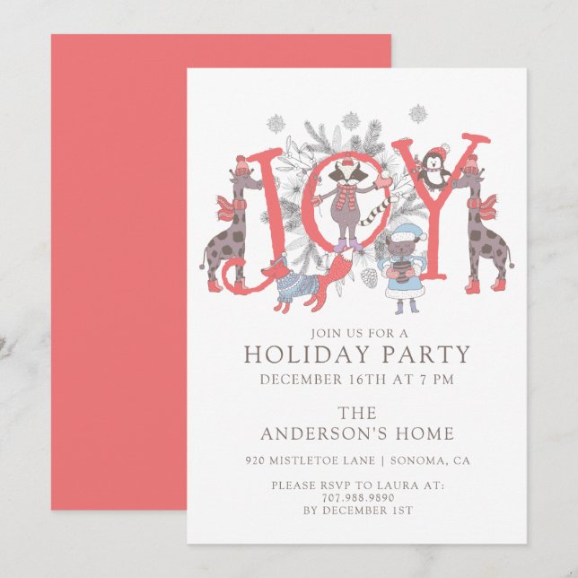 Joyful Winter Holiday Party With Woodland Animals Invitation (Front/Back)