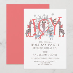 Joyful Winter Holiday Party With Woodland Animals Invitation
