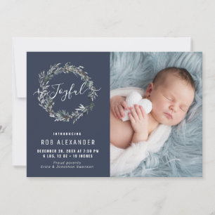 JOYFUL   winter wreath holiday birth announcement