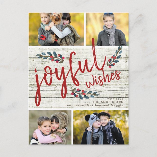 Joyful Wish Rustic Red Christmas 4 Photo Collage Holiday Postcard (Front)