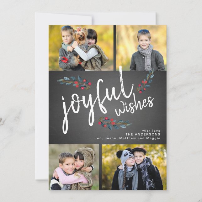 Joyful Wishes Chalkboard Christmas 4 Photo Collage Holiday Card (Front)