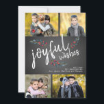 Joyful Wishes Chalkboard Christmas 4 Photo Collage Holiday Card<br><div class="desc">Joyful Wishes White Script and Sketched Watercolor Berries on Black Chalkboard 4 Photo Holiday Card . Design by Elke Clarke © Customise the photo collage with your family photos and name</div>