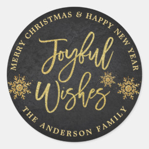 Joyful Wishes Chalkboard & Faux Gold Holiday Classic Round Sticker