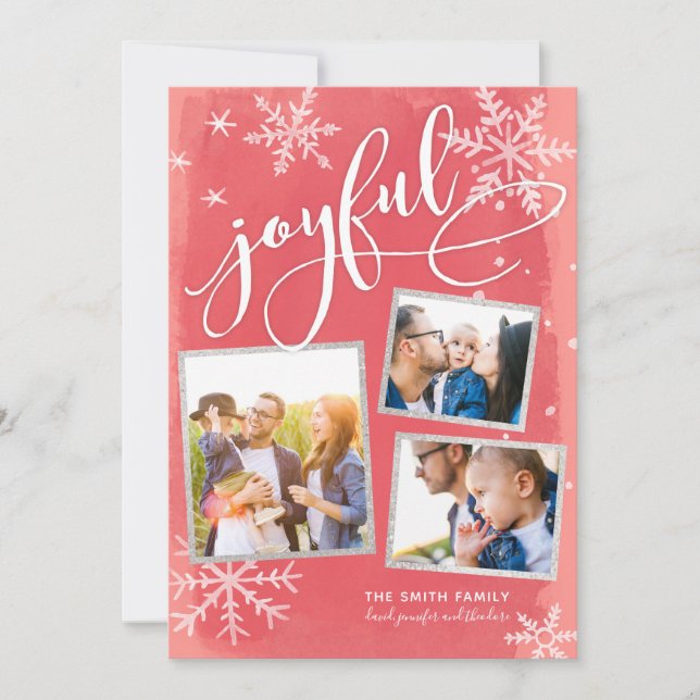 Joyful Wishes Christmas Red 3-Photo Collage Holiday Card (Front)