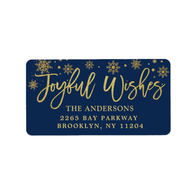 Joyful Wishes Faux Gold Navy Blue Holiday Address Label (Front)