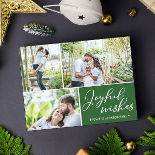 Joyful Wishes Green Christmas Family Photo Collage Postcard
