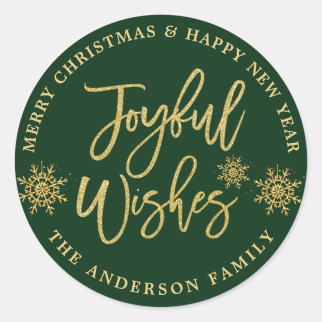Joyful Wishes Green & Faux Gold Holiday Classic Round Sticker (Front)