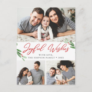 Joyful Wishes Holly Berry Christmas PHOTO Greeting Postcard