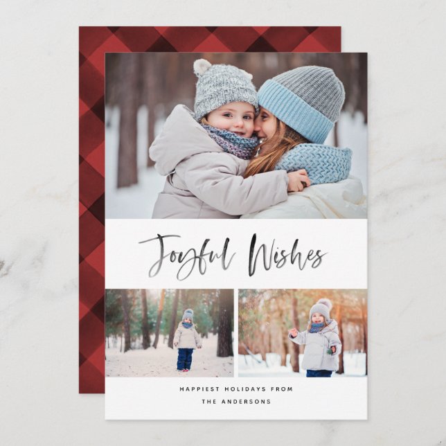 Joyful Wishes Modern Brush Script Photo Christmas Holiday Card (Front/Back)