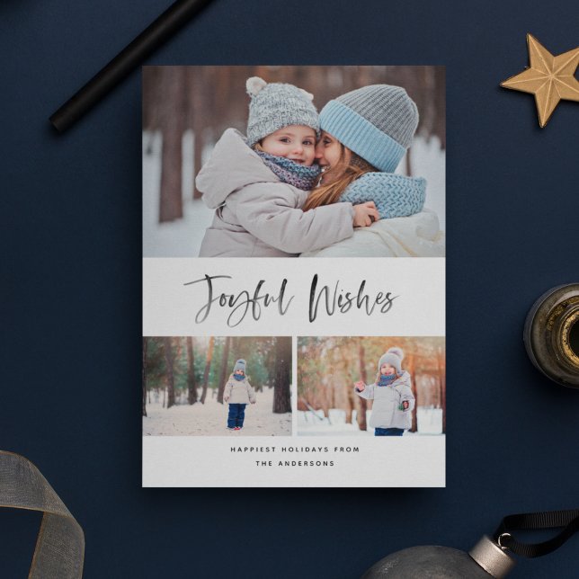 Joyful Wishes Modern Brush Script Photo Christmas Holiday Card (Creator Uploaded)