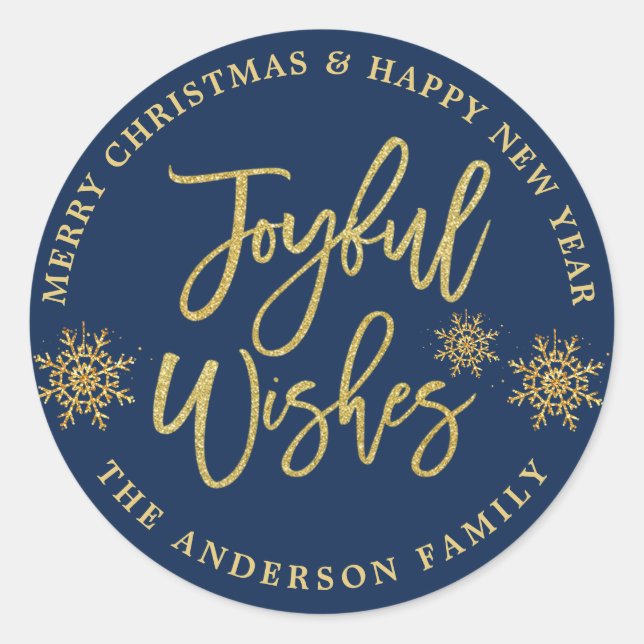 Joyful Wishes Navy Blue Faux Gold Classic Round Sticker (Front)