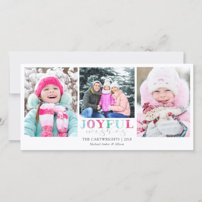JOYFUL WISHES Playful Pastel 3 Photos Holiday Card (Front)