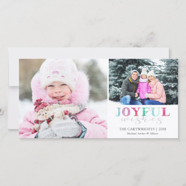 JOYFUL WISHES | Playful Pastel Two Photos Holiday Card (Front)