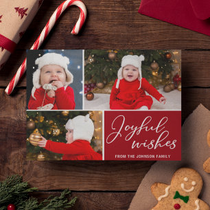 Joyful Wishes Red 3 Family Photo Festive Holiday Postcard